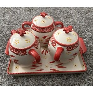 Temptations Old World‎ Red Hand Painted 4pc Soup + Sandwich Set Ceramic Dishes